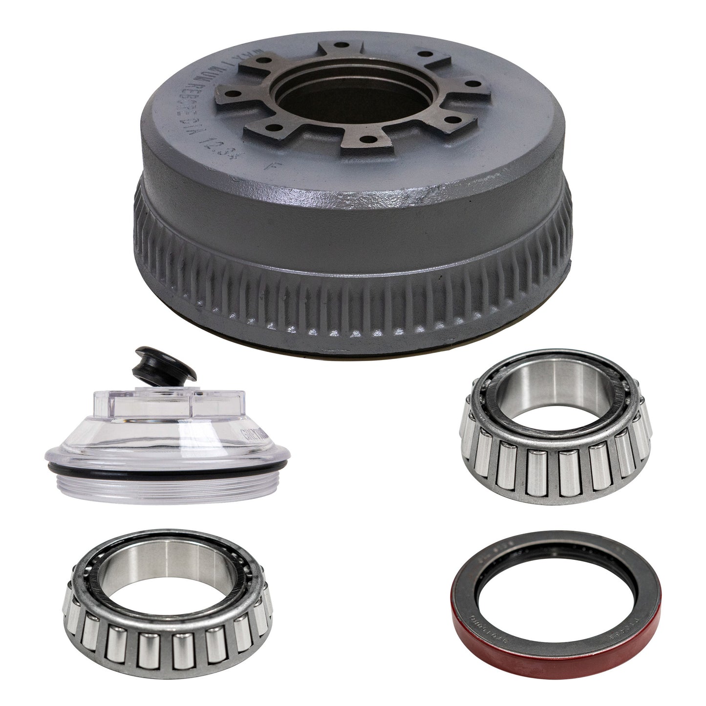10K GD Trailer Axle Drum - 8 lug (For Axles Manufactured Before 07/2009) - Drum with bearings, races, seal, and grease/oil cap.