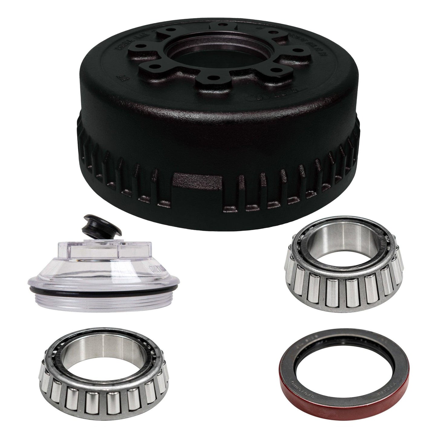 10K Heavy Duty Trailer Axle Drum - 8 lug - Drum with bearings, races, seal, and grease/oil cap.