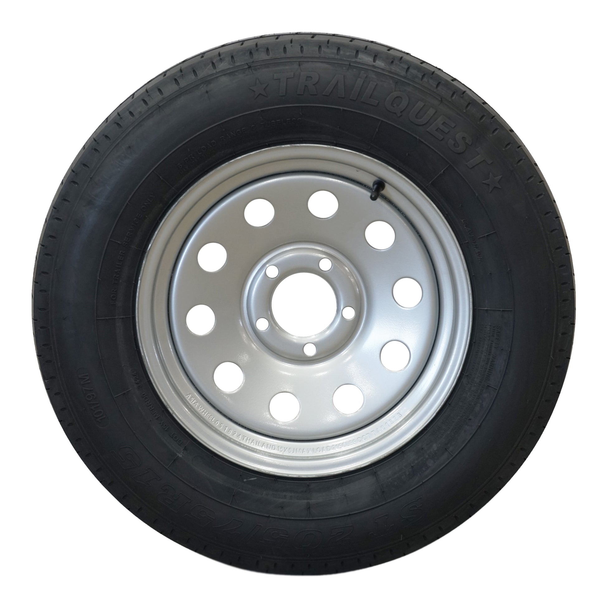 Trailquest 15" 6 ply Radial Trailer Tire & Wheel - ST 205/75R15 5 Lug (Silver Mod) - Front View