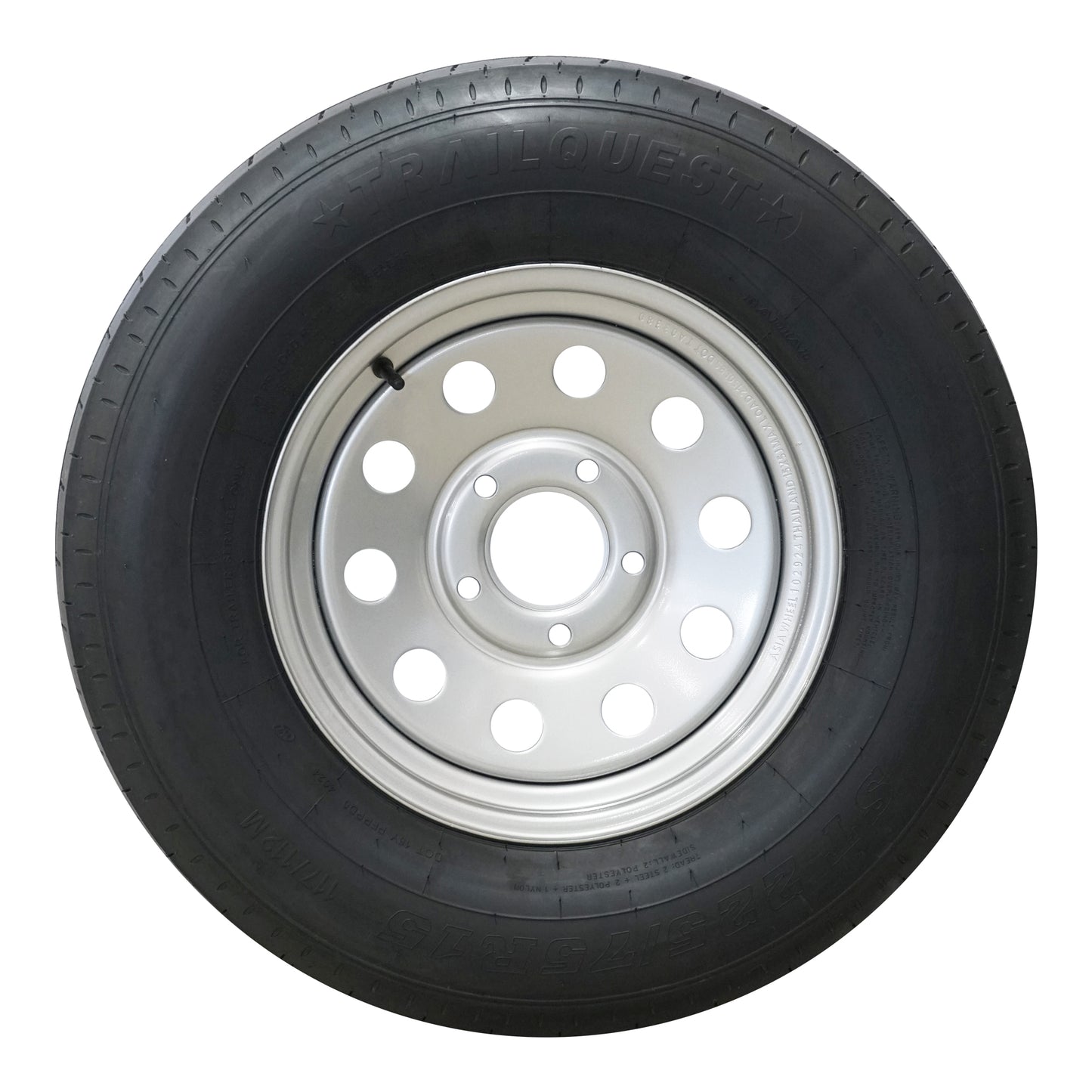 Trailquest 15" 10 ply Radial Trailer Tire & Wheel - ST 225/75R15 5 Lug (Silver Mod) - Front View